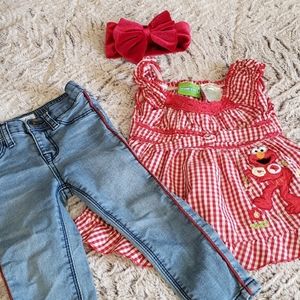 Elmo summer 2T dress and jeans 18 M and velvet bow